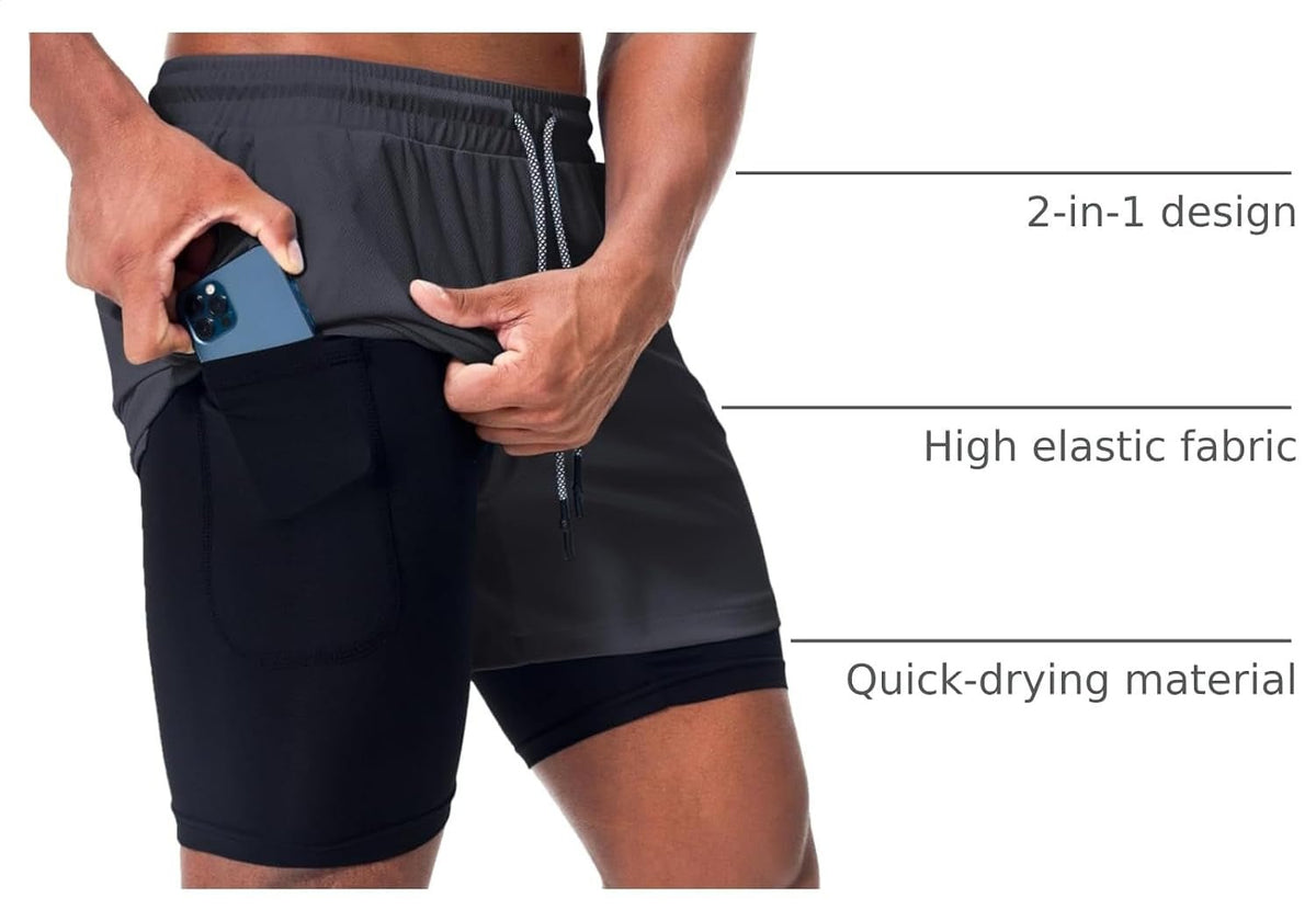 Men's 2-in-1 Running Workout Shorts – 7" Athletic Gym Shorts with Compression Liner & Phone Pocket - Ironwearpro