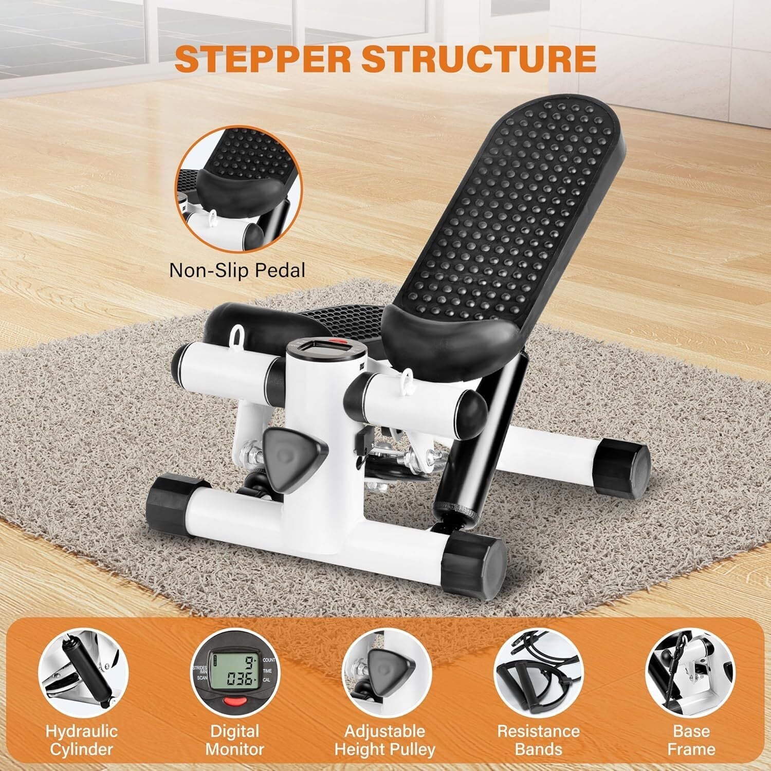 Premium Mini Stepper Machine with Resistance Bands – Compact Home Cardio Workout Station with LCD Digital Monitor - Ironwearpro