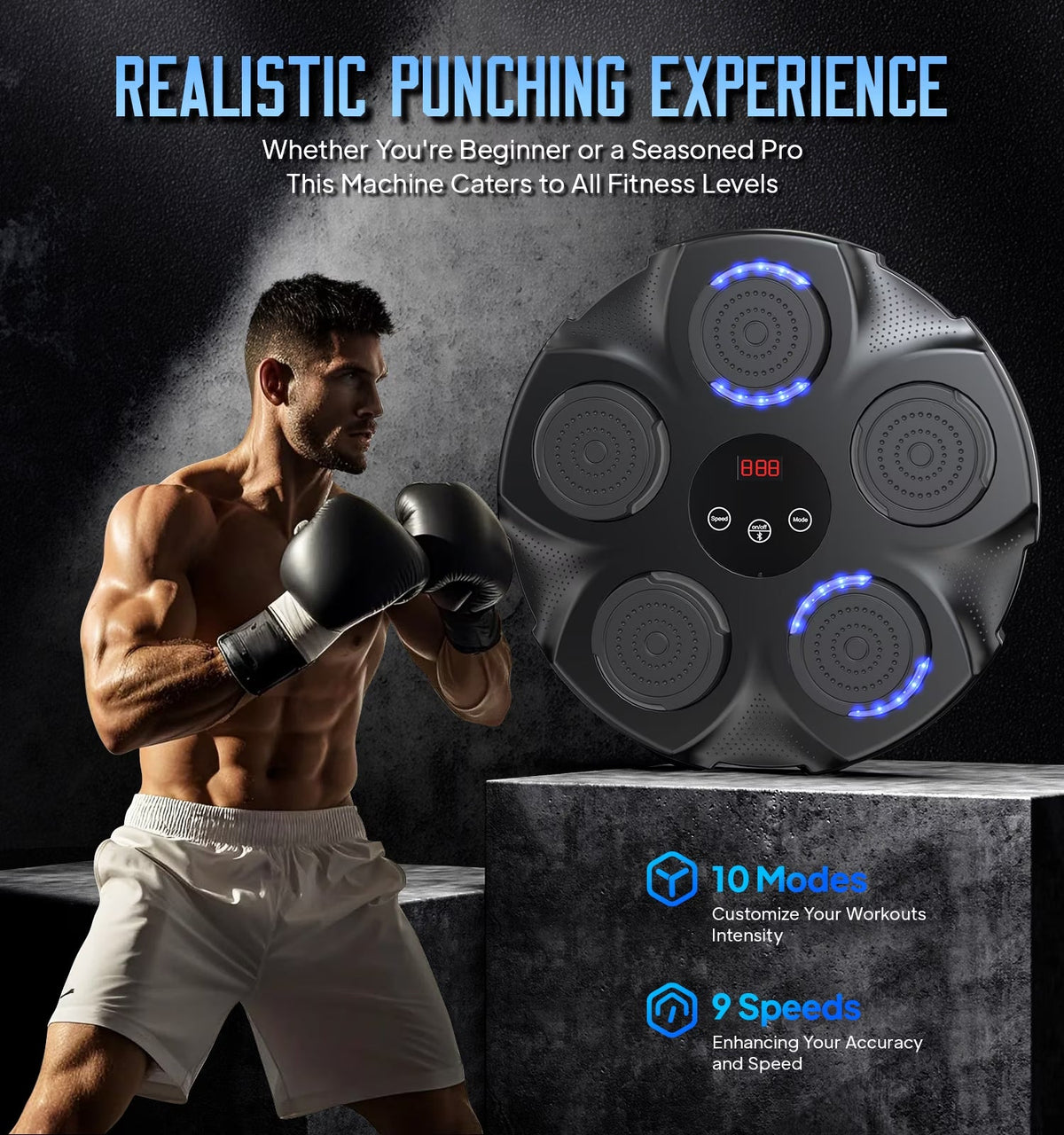 Professional Smart Music Boxing Machine with Gloves – Wall-Mounted Bluetooth Trainer with 10 Modes & 9 Speed Settings - Ironwearpro