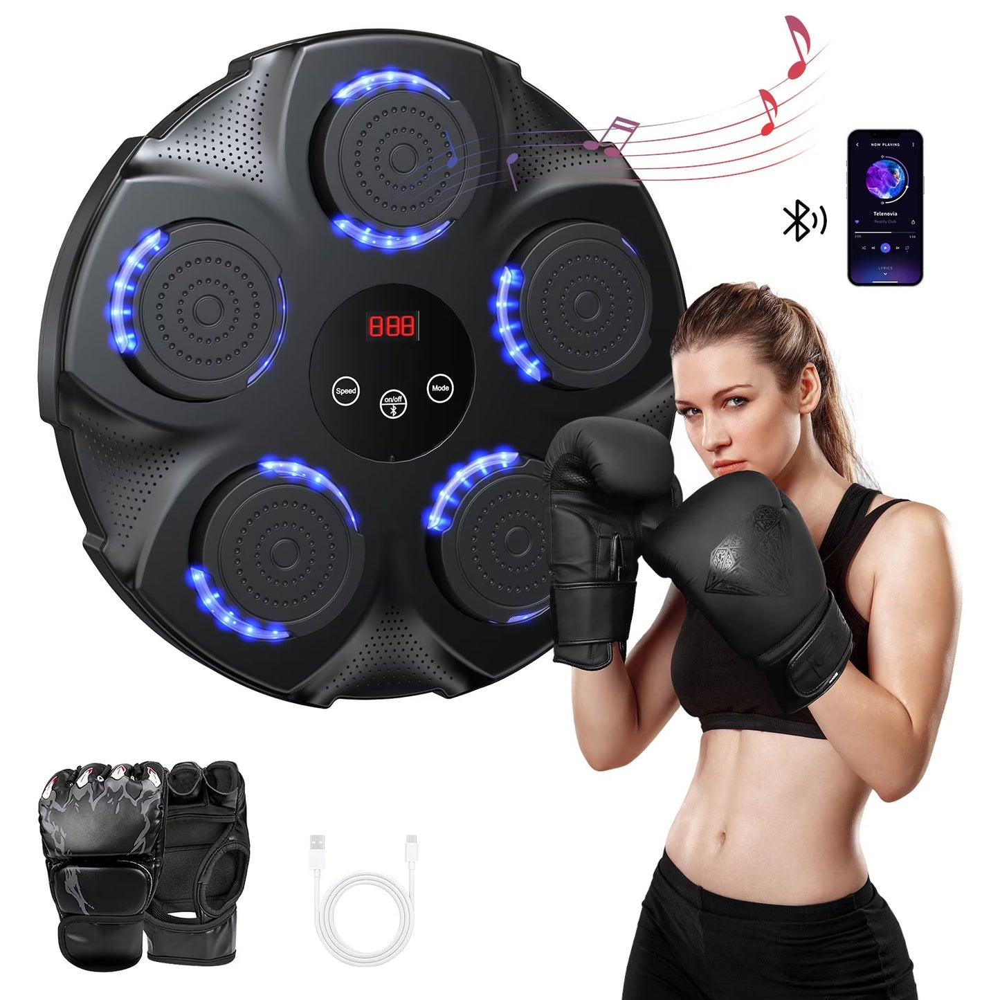 Professional Smart Music Boxing Machine with Gloves – Wall-Mounted Bluetooth Trainer with 10 Modes & 9 Speed Settings - Ironwearpro