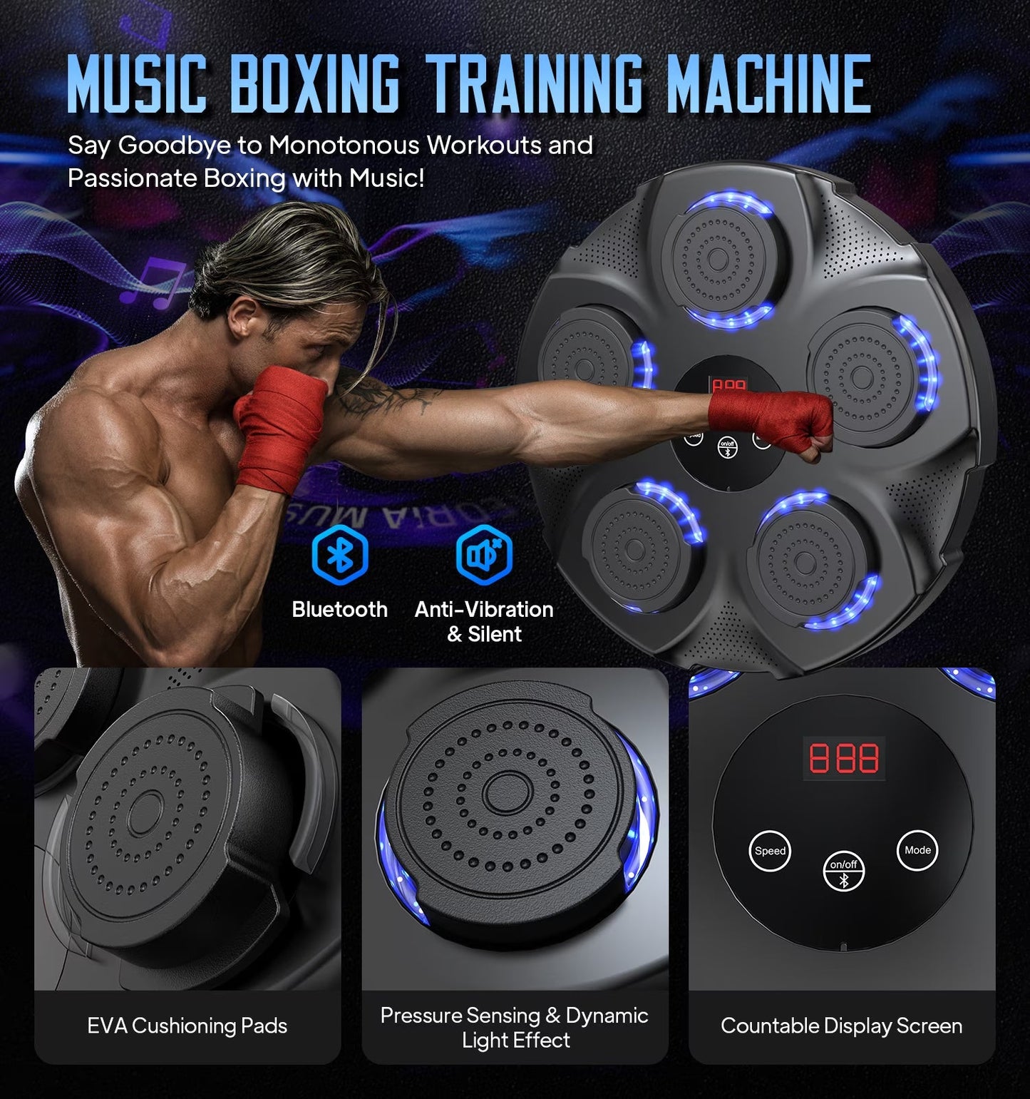 Professional Smart Music Boxing Machine with Gloves – Wall-Mounted Bluetooth Trainer with 10 Modes & 9 Speed Settings - Ironwearpro