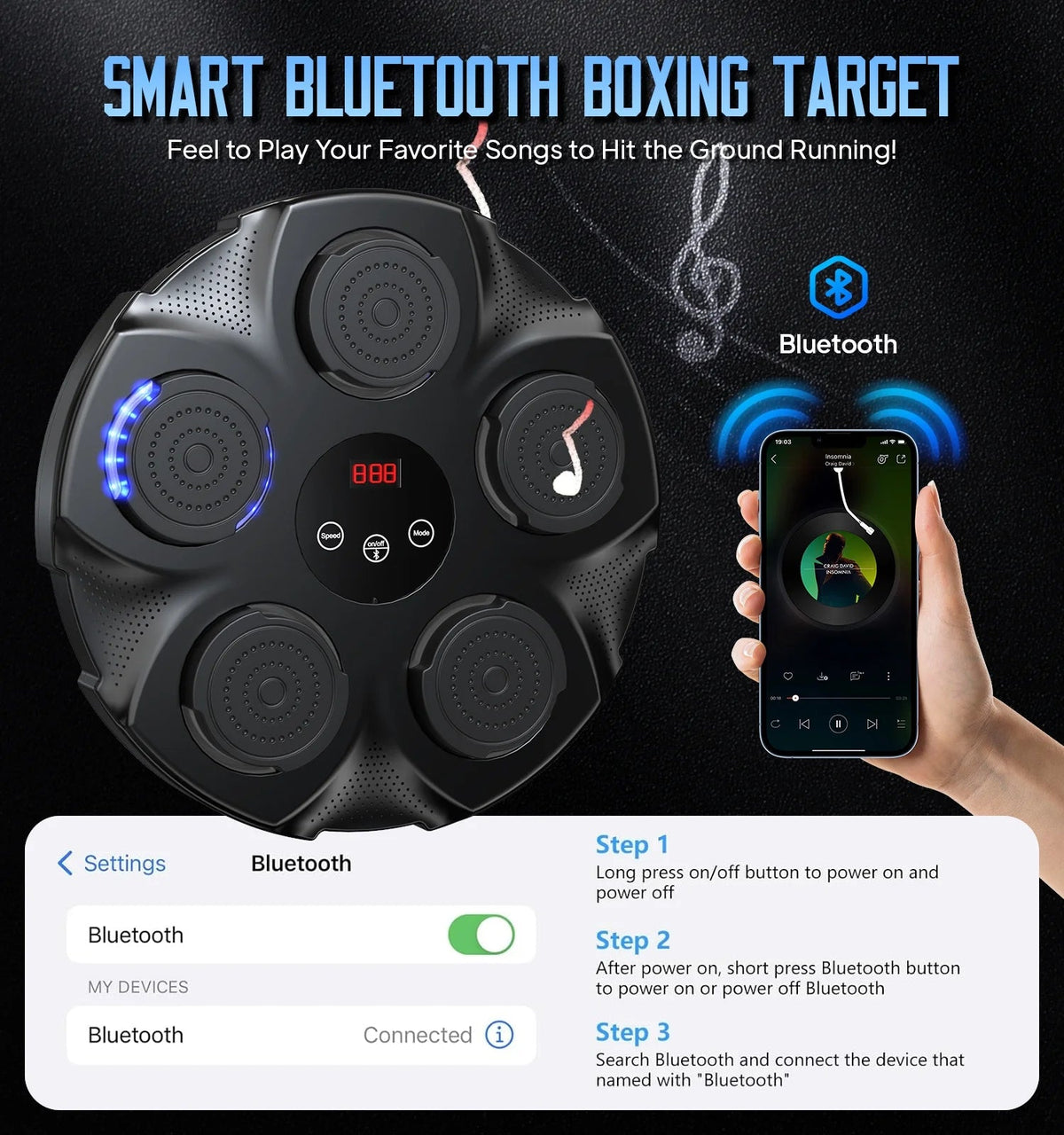 Professional Smart Music Boxing Machine with Gloves – Wall-Mounted Bluetooth Trainer with 10 Modes & 9 Speed Settings - Ironwearpro