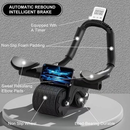 Smart Ab Abdominal Roller Wheel with Timer & Elbow Support – Automatic Rebound Core Workout Roller for Home Gym (Black) - Ironwearpro