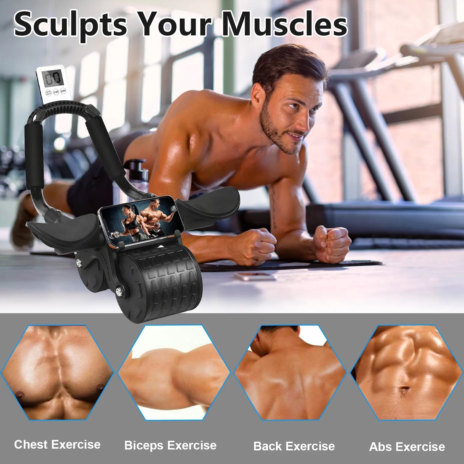 Smart Ab Abdominal Roller Wheel with Timer & Elbow Support – Automatic Rebound Core Workout Roller for Home Gym (Black) - Ironwearpro