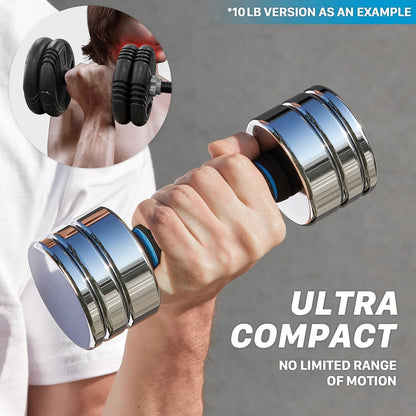 Ultra-Compact Adjustable Steel Dumbbell – Space-Saving Chrome Free Weights with Foam Handles for Home Gym (Choice of Size) - Ironwearpro