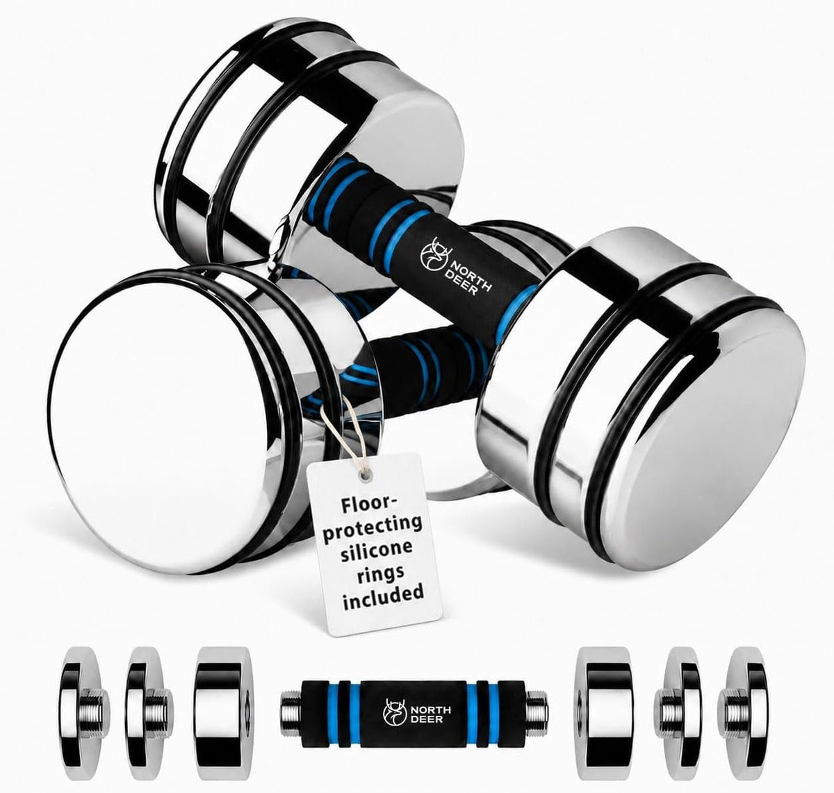 Ultra-Compact Adjustable Steel Dumbbell – Space-Saving Chrome Free Weights with Foam Handles for Home Gym (Choice of Size) - Ironwearpro