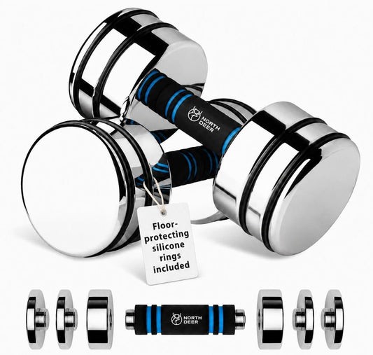 Ultra-Compact Adjustable Steel Dumbbell – Space-Saving Chrome Free Weights with Foam Handles for Home Gym (Choice of Size) - Ironwearpro